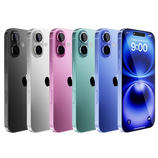 A lineup of five iphone 16 plus in various colors: black, silver, pink, green, and blue, with one phone displaying the time "9:00".