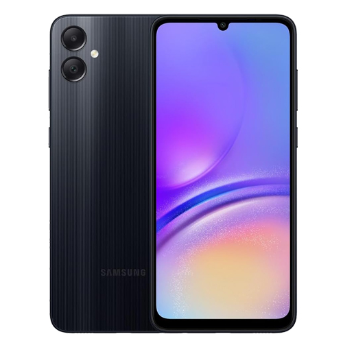 A black Samsung A05 smartphone showing a vibrant front display with a waterdrop notch and dual rear cameras.
